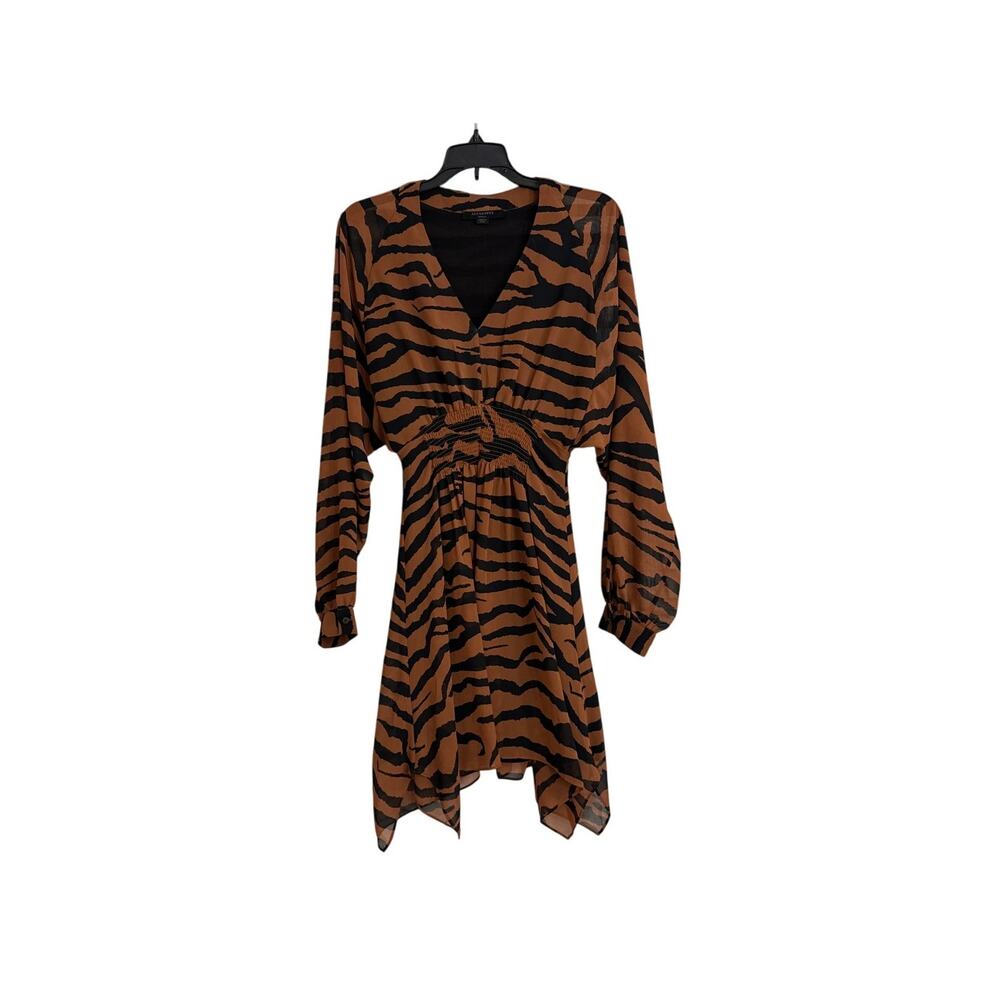All Saints Nichola Zephyr Tiger Brown Black Long Sleeve Dress Size Women's Small